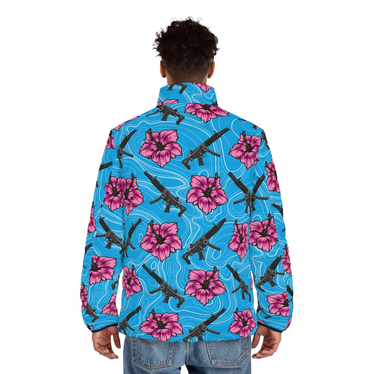 Rad Palm High Capacity Hibiscus Blue Men's Puffer Jacket