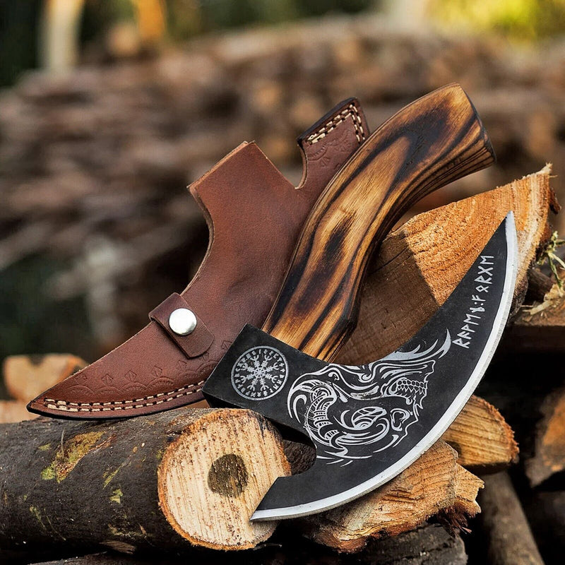 Load image into Gallery viewer, Custom Hand-Engraved Pizza Axe with 8-Inch J2 Steel Blade and Wooden Handle