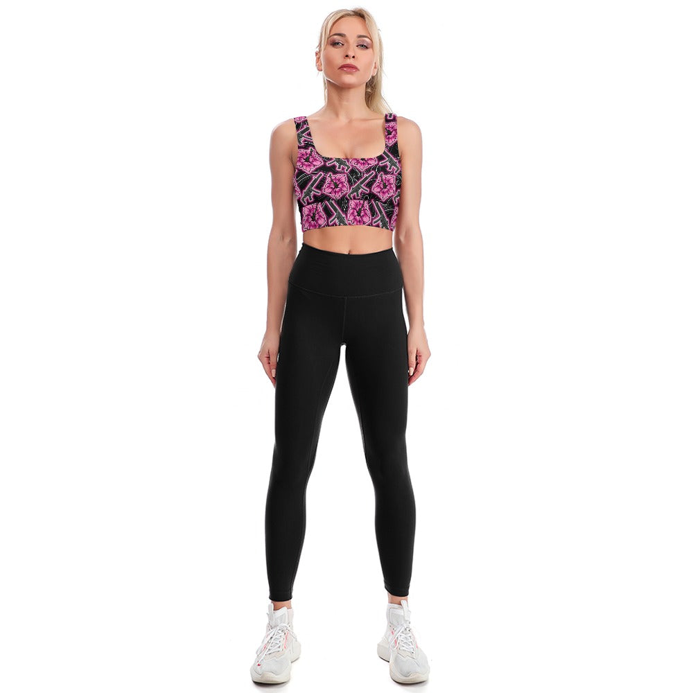 High Capacity Hibiscus Black Neon Longline Bra Top