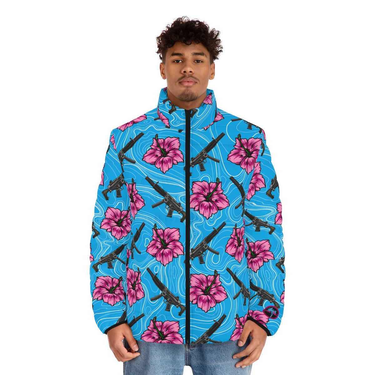 Rad Palm High Capacity Hibiscus Blue Men's Puffer Jacket
