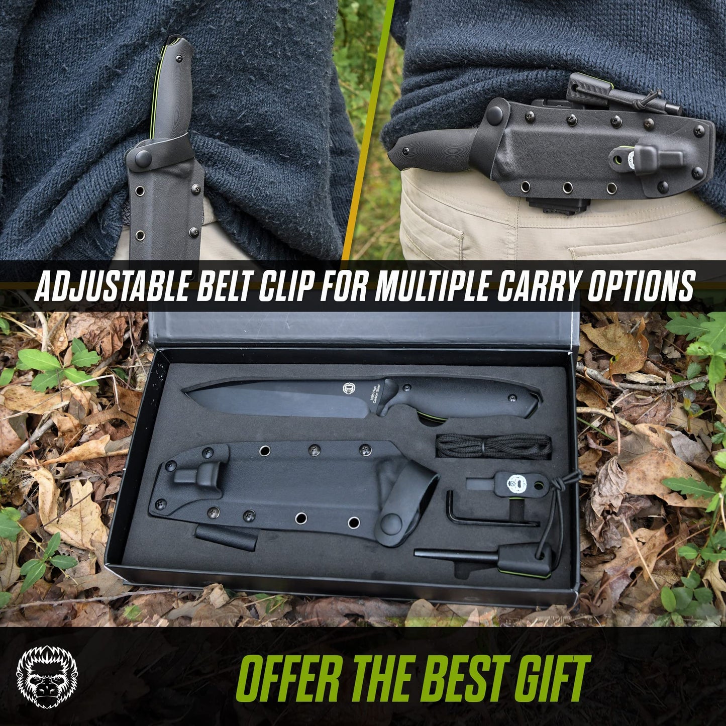 "The Fireline" Bushcraft Survival Knife with 1095 High Carbon Blade Giftset (Black and Green)