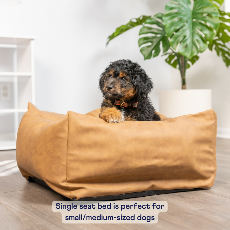 Load image into Gallery viewer, PupProtector™ Faux Cool-to-Touch Vegan Leather Memory Foam Dog Car Bed - Camel