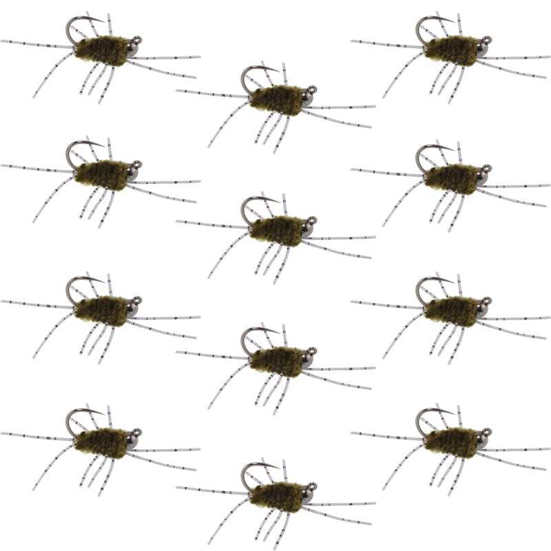 Load image into Gallery viewer, Barbless Pats Rubber Legs Tungsten Jig Dark Olive Euro Nymph 12 Flies #6