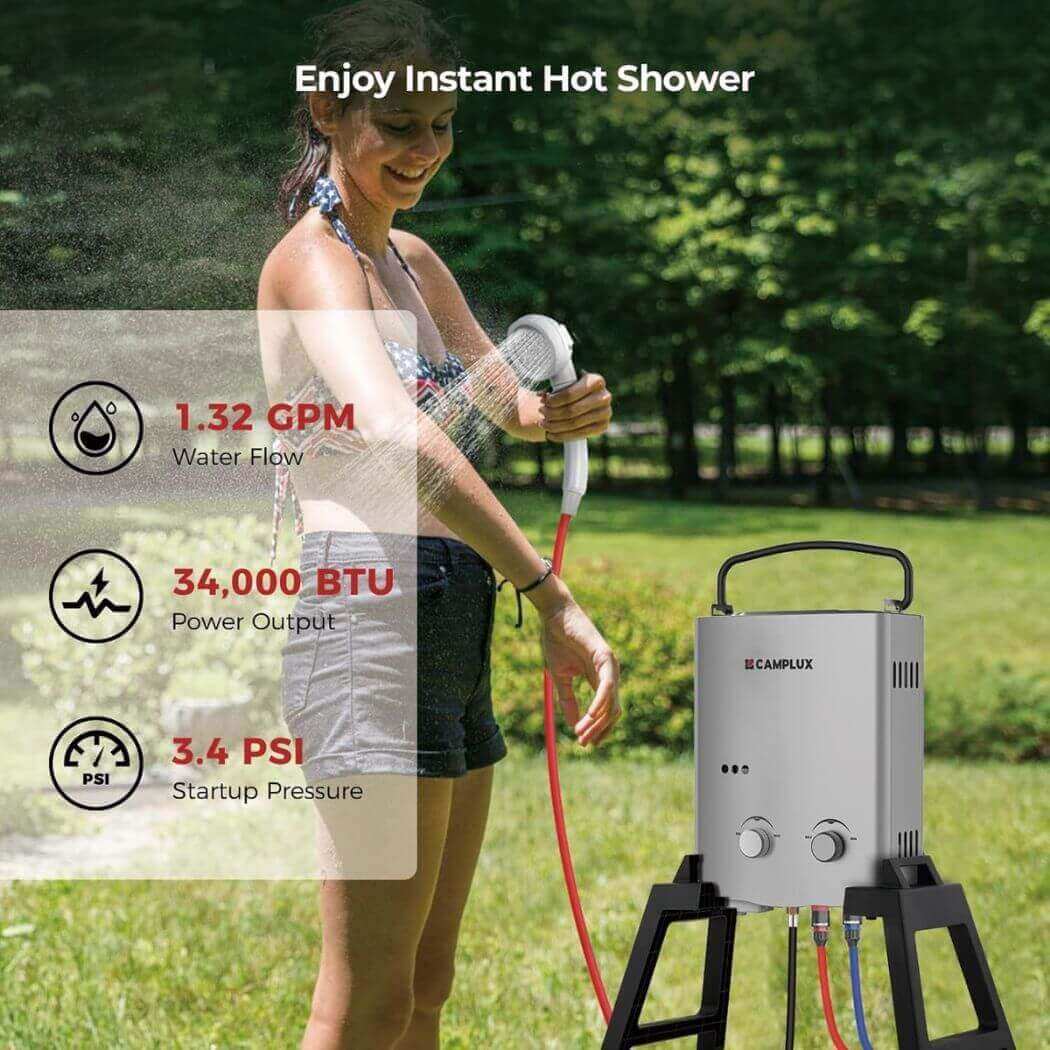 Camplux Outdoor Portable Water Heater w/ Stand & Storage Bag - Silver - Skoutley Outdoors LLC