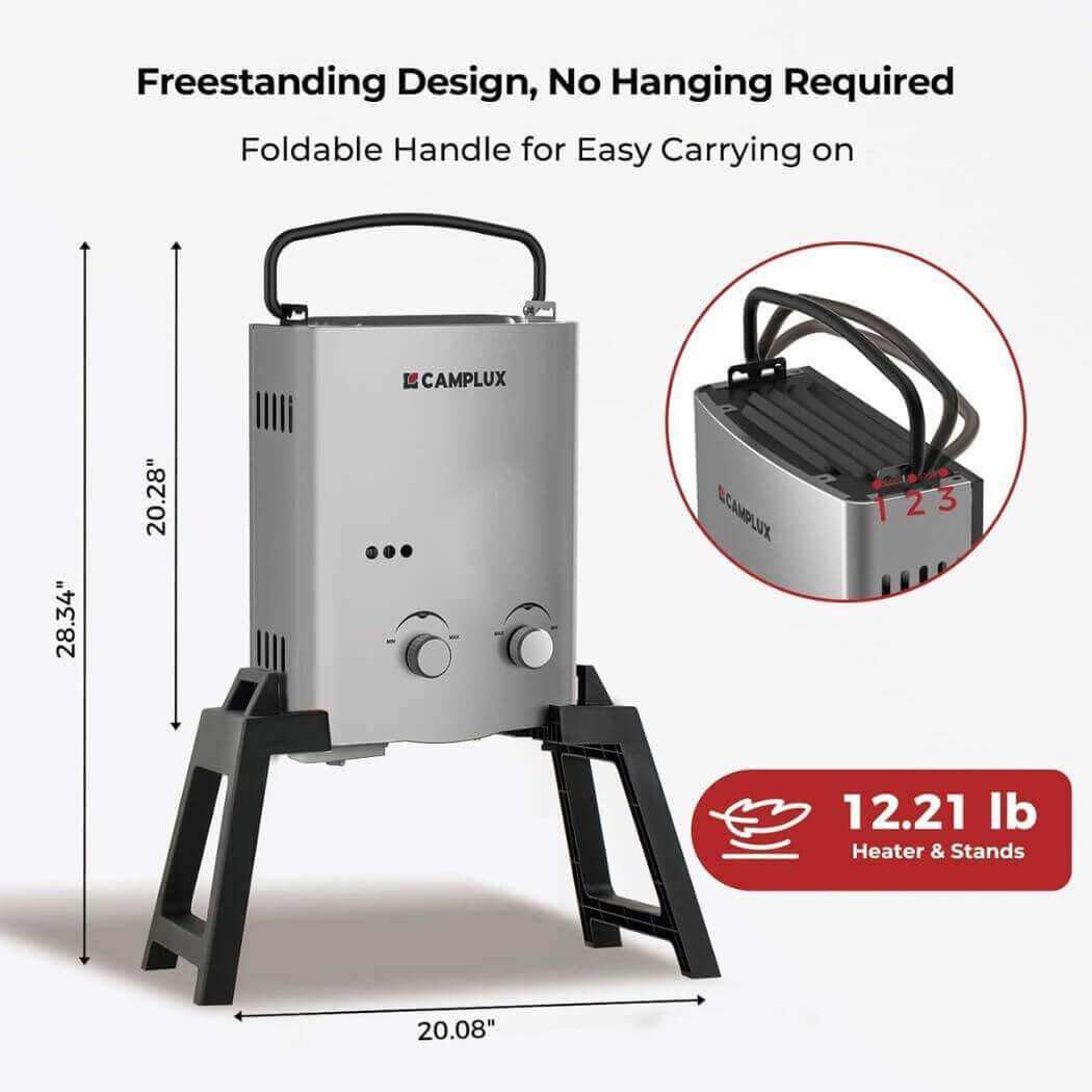 Camplux Outdoor Portable Water Heater w/ Stand & Storage Bag - Silver - Skoutley Outdoors LLC