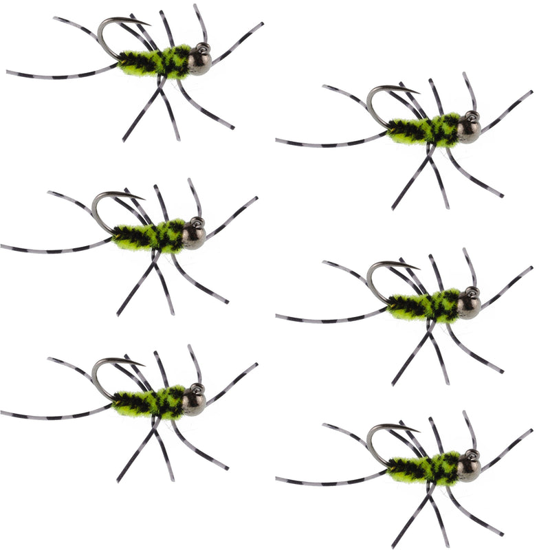 Load image into Gallery viewer, Barbless Pat's Rubber Legs Tungsten Black/Chartreuse Euro Nymph 6 Flies #6