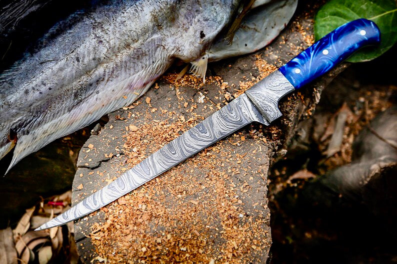 Load image into Gallery viewer, Custom Handmade Angling Knife – Damascus Steel Blade & Resin Handle | Premium Fishing Gear 2025