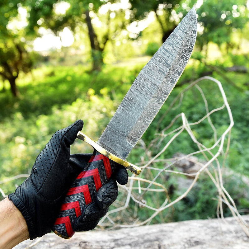 Load image into Gallery viewer, Antique Damascus Steel Bowie Knife – 11" with Brass Guard and Pakka Wood Handle