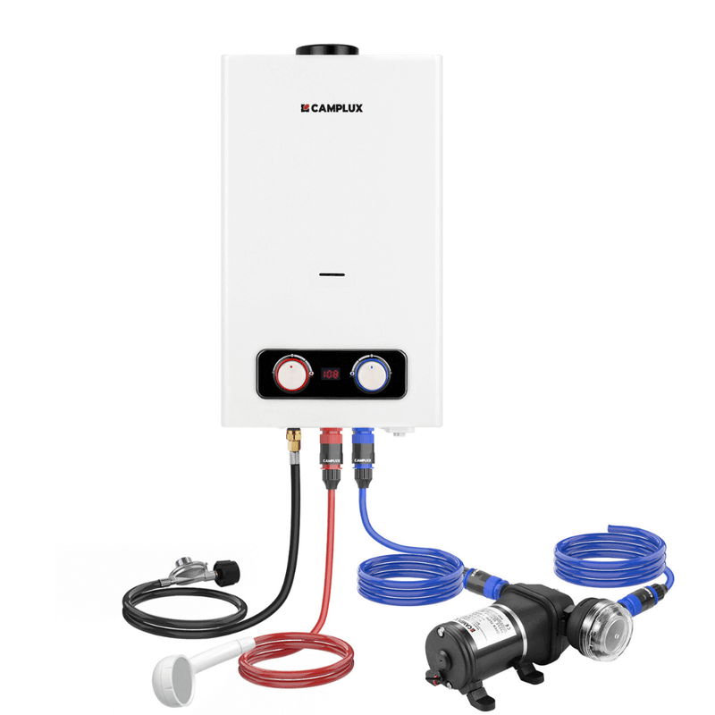 Load image into Gallery viewer, Tankless Water Heater, Camplux 2.64 GPM Outdoor Propane Water Heater, Gas Water Heater with 3.3 GPM Water Pump & Pipe Strainer for Camping, Cabins