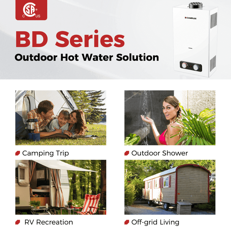 Load image into Gallery viewer, Tankless Water Heater, Camplux 2.64 GPM Outdoor Propane Water Heater, Gas Water Heater with 3.3 GPM Water Pump & Pipe Strainer for Camping, Cabins