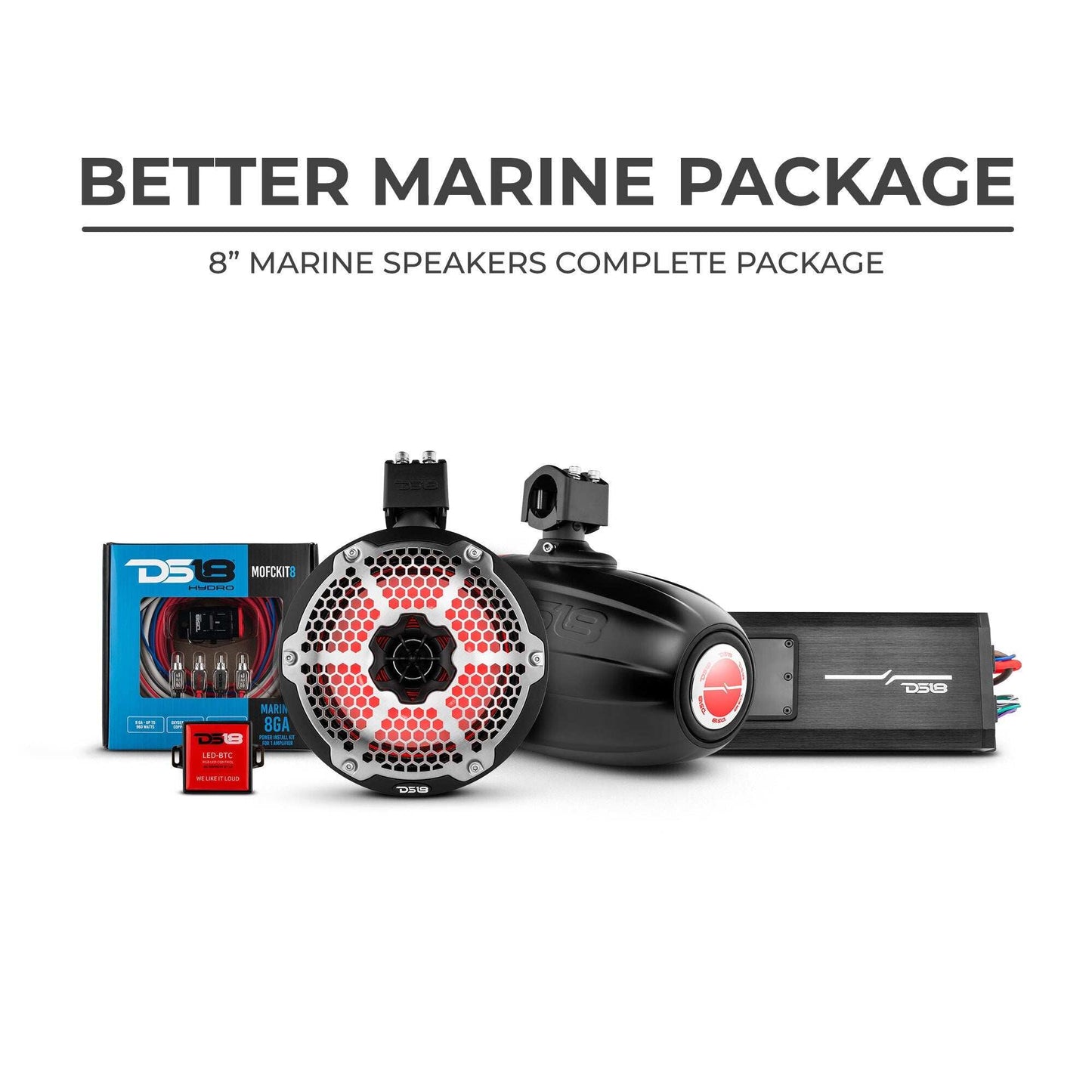 DS18 Better Marine Stereo Package 2 x 8” Speaker Tower | 1 x 2 Ch Amplifier | 1 x MOFCKIT8 and 1 x LED-BTC - Skoutley Outdoors LLC