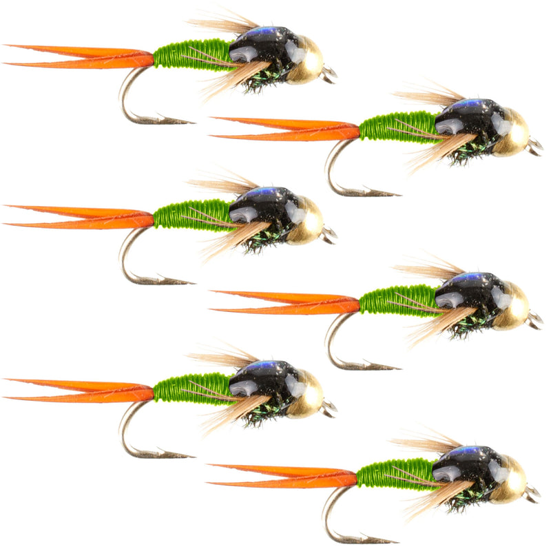Load image into Gallery viewer, Bead Head Chartreuse Copper John Nymph Fly Fishing Flies - Set of 6 Flies Hook Size 14