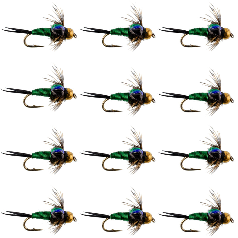 Load image into Gallery viewer, Bead Head Green Copper John Nymph Fly Fishing Flies - 1 Dozen Flies Hook Size 12