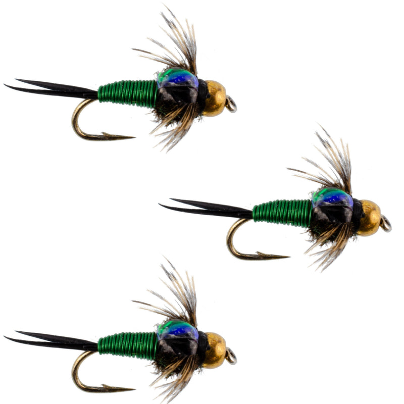 Load image into Gallery viewer, 3 Pack Bead Head Green Copper John Nymph Fly Fishing Flies - Hook Size 14