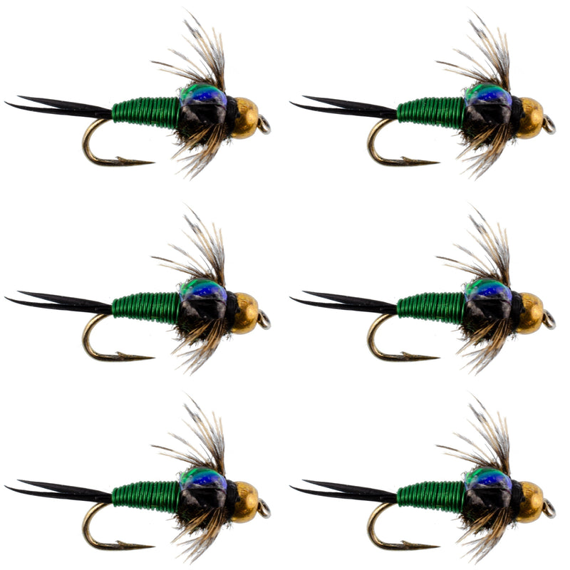 Load image into Gallery viewer, Bead Head Green Copper John Nymph Fly Fishing Flies - Set of 6 Flies Hook Size 12