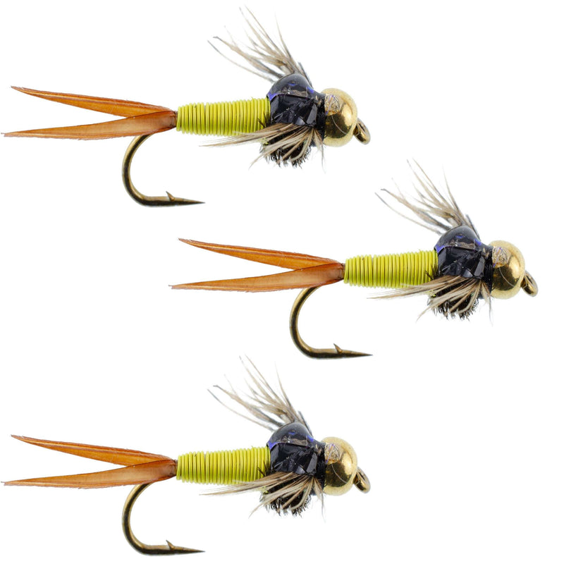 Load image into Gallery viewer, 3 Pack Bead Head Hot Yellow Copper John Nymph - Fly Fishing Flies - Hook Size 14
