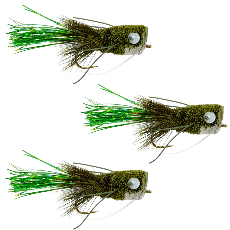 Load image into Gallery viewer, 3 Pack Bass Popper Size 6 - Olive Bass Bug With Weed Guard