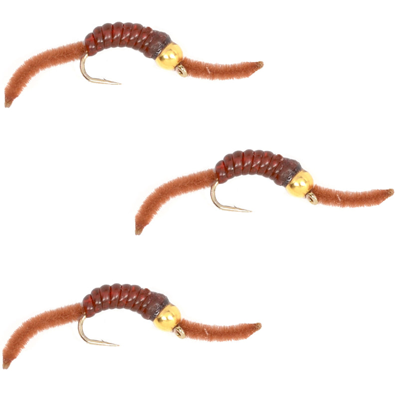Load image into Gallery viewer, 3 Pack San Juan Bead Head Power Worm Brown V-Rib - Hook Size 10
