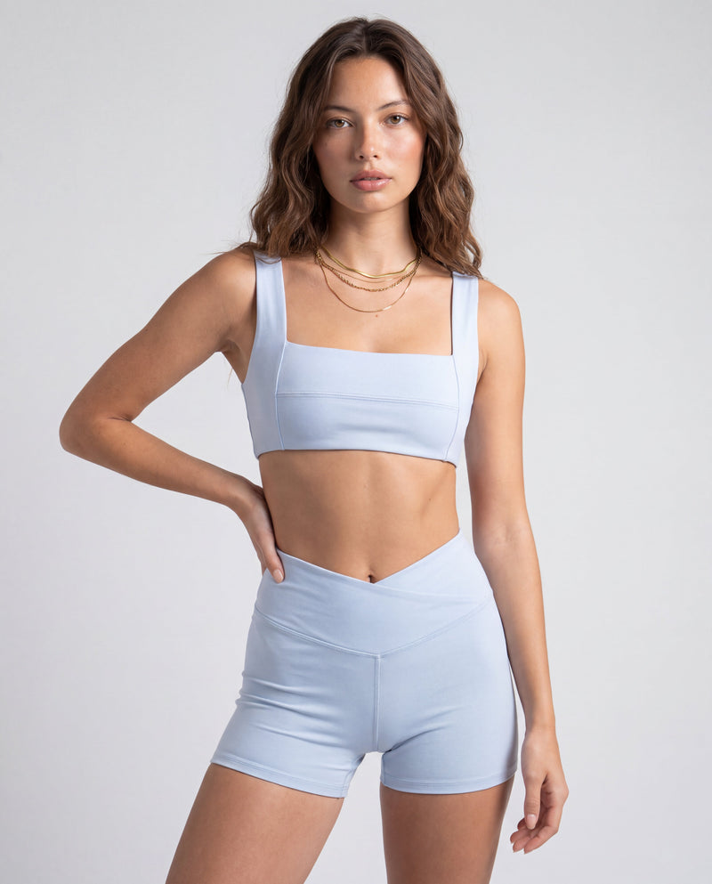 Load image into Gallery viewer, Women's Sculpting Workout Shorts 5 Inch - Baby Blue | Criss-Cross Waistband with Pocket
