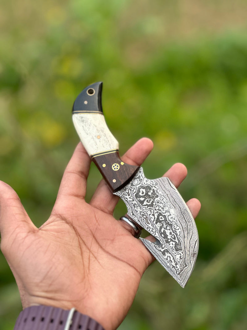 Load image into Gallery viewer, Custom Handmade Damascus Steel Guthook Skinning Knife with Rosewood, Camel Bone & Black Sheet Handle - 7.5” with Leather Sheath