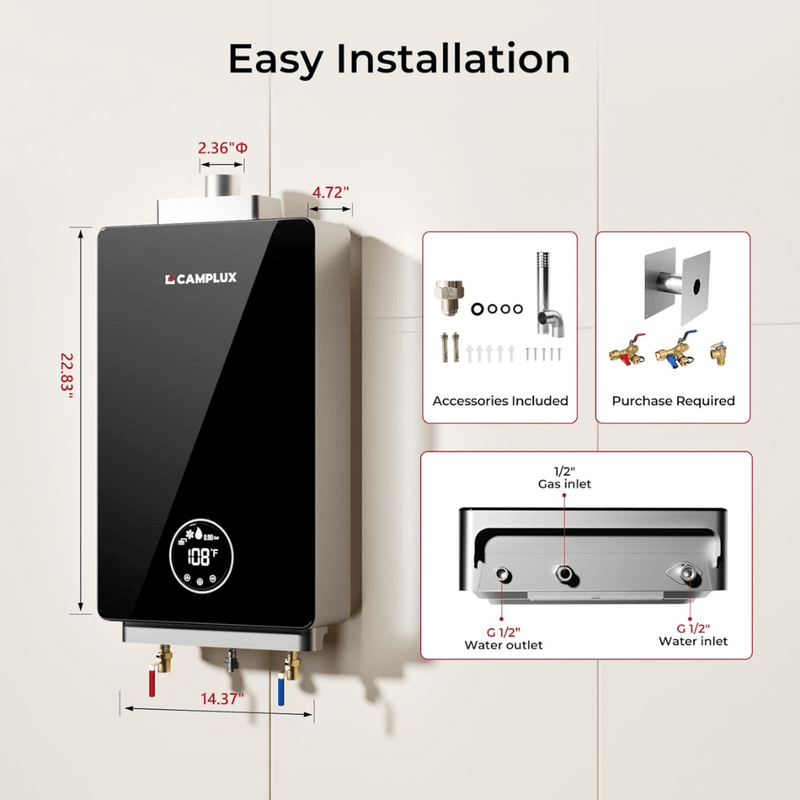 Load image into Gallery viewer, Camplux Instant Indoor Tankless Gas Water Heater 3.18 GPM | Black