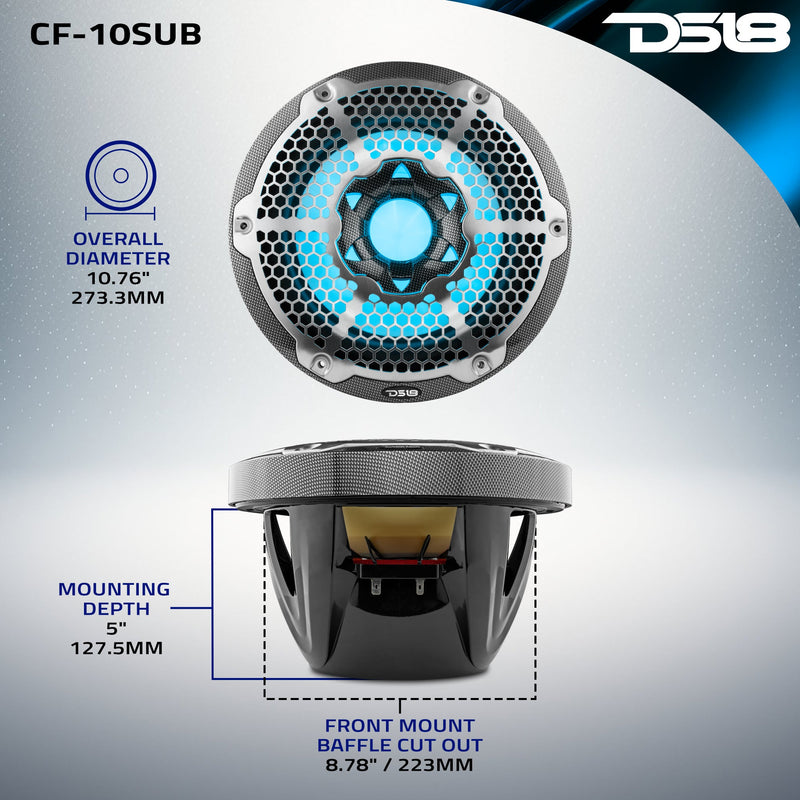 Load image into Gallery viewer, NXL 10" Marine Subwoofer With LED RGB Lights 300 Watts Rms SVC 4-Ohm -Black Carbon Fiber