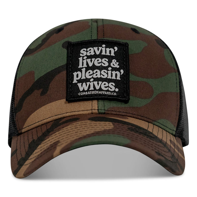 Load image into Gallery viewer, Savin' Lives & Pleasin' Wives Patch SnapBack Hat