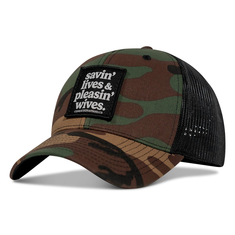 Load image into Gallery viewer, Savin' Lives & Pleasin' Wives Patch SnapBack Hat
