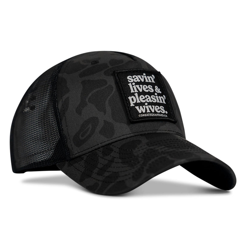 Load image into Gallery viewer, Savin' Lives & Pleasin' Wives Patch SnapBack Hat