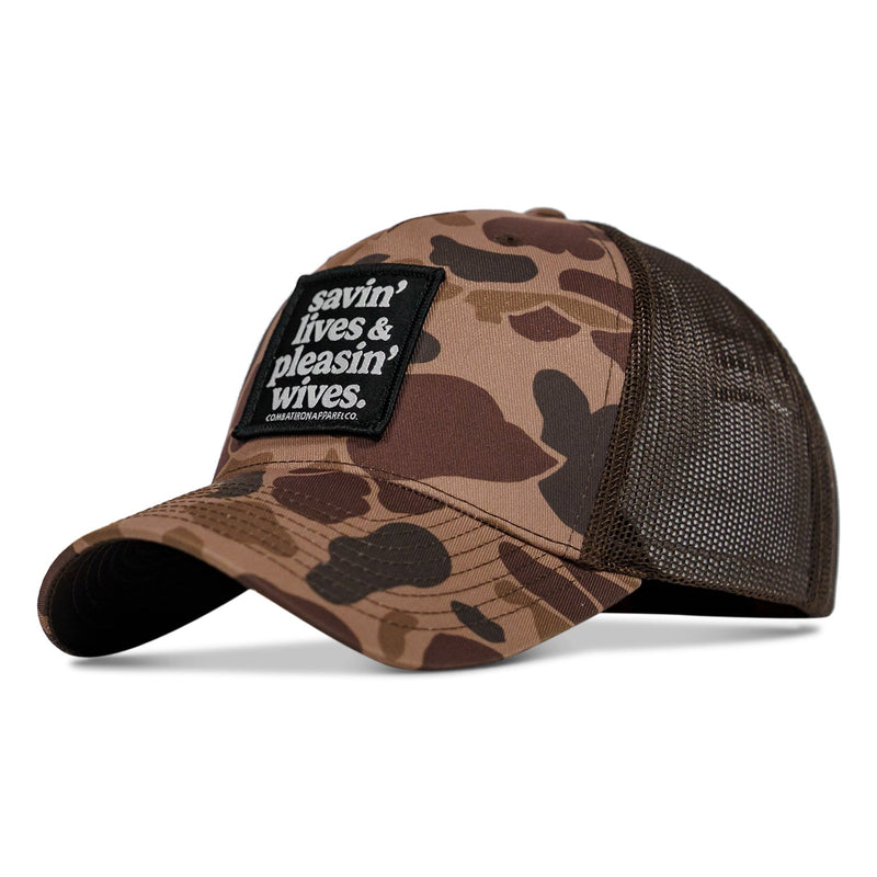 Load image into Gallery viewer, Savin' Lives & Pleasin' Wives Patch SnapBack Hat