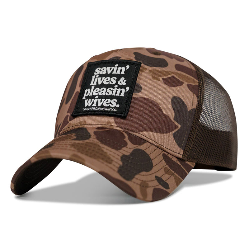 Load image into Gallery viewer, Savin' Lives & Pleasin' Wives Patch SnapBack Hat
