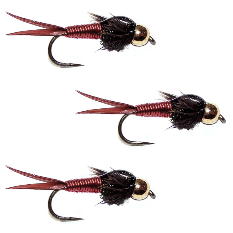 Load image into Gallery viewer, 3 Pack Barbless Bead Head Red Copper John Nymph Fly Fishing Flies - Hook Size 14