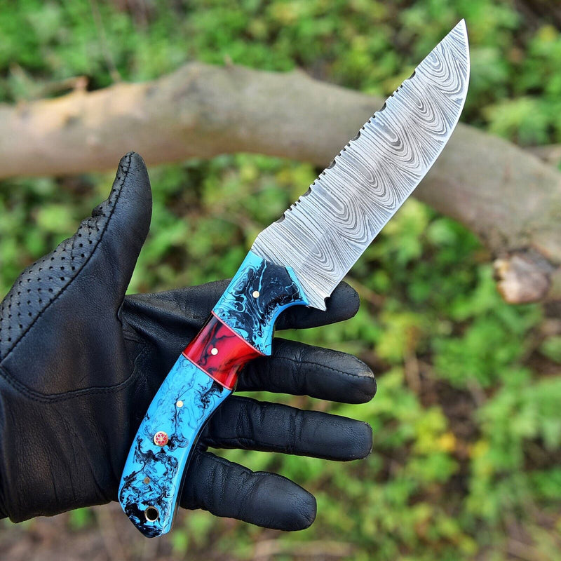 Load image into Gallery viewer, Custom Handmade Damascus Steel Hunting Knife – 10-Inch Blade with Resin Handle, Includes Leather Sheath