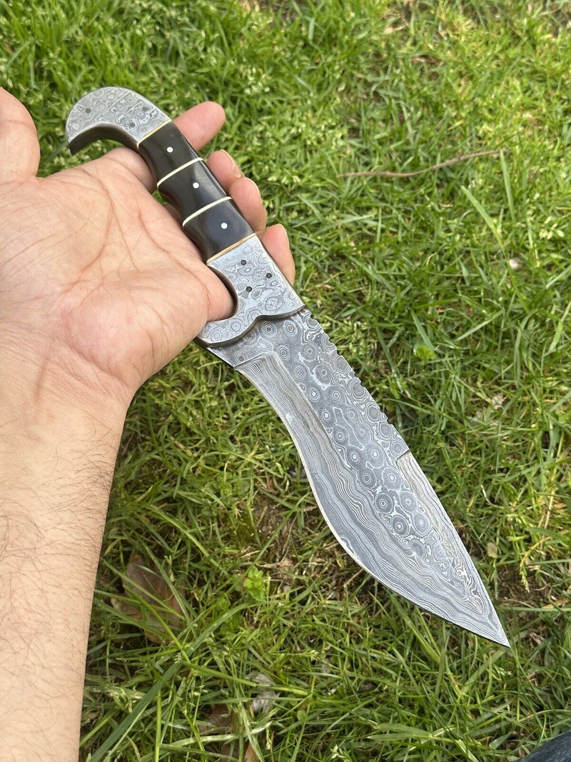 Load image into Gallery viewer, Custom Handmade 12" Damascus Steel Hunting Knife with Buffalo Horn Handle & Damascus Steel Bolster - Includes Leather Sheath