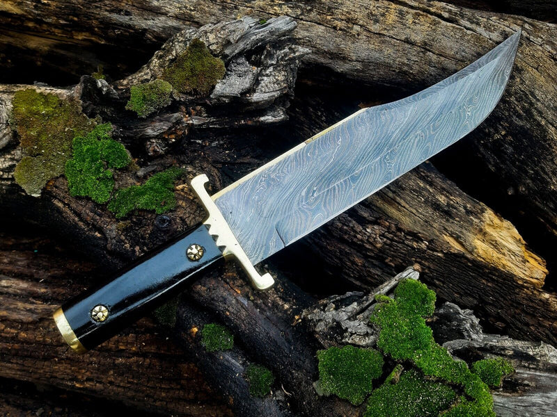 Load image into Gallery viewer, 13-Inch Damascus Steel Cowboy Bowie Knife with Buffalo Horn Handle & Leather Sheath – Perfect Gift for Knife Enthusiasts