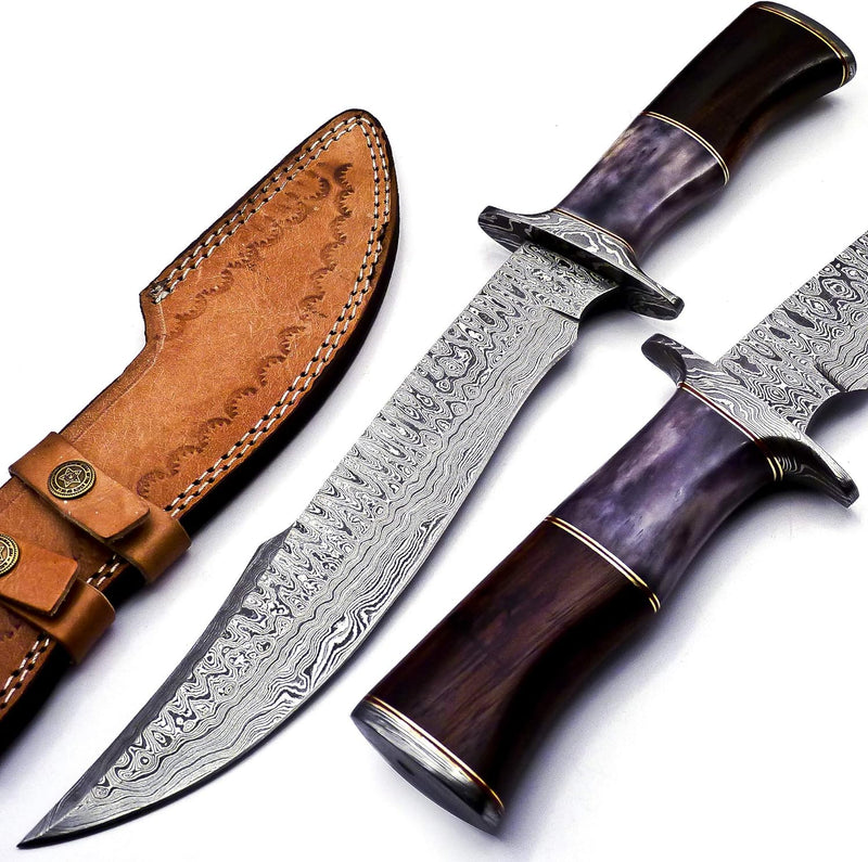 Load image into Gallery viewer, Damascus Steel Western Brand Knives - 15" Knife with Color Bone & Buffalo Horn Handle, Leather Sheath Included