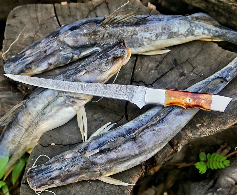 Load image into Gallery viewer, Custom Handmade Damascus Filleting Knife – 13" Camel Bone Handle with Leather Sheath