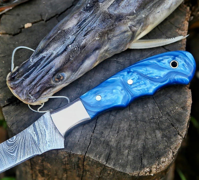 Load image into Gallery viewer, Custom Handmade 13-Inch Damascus Steel Fillet Knife Blank with Resin Handle – Premium Leather Sheath