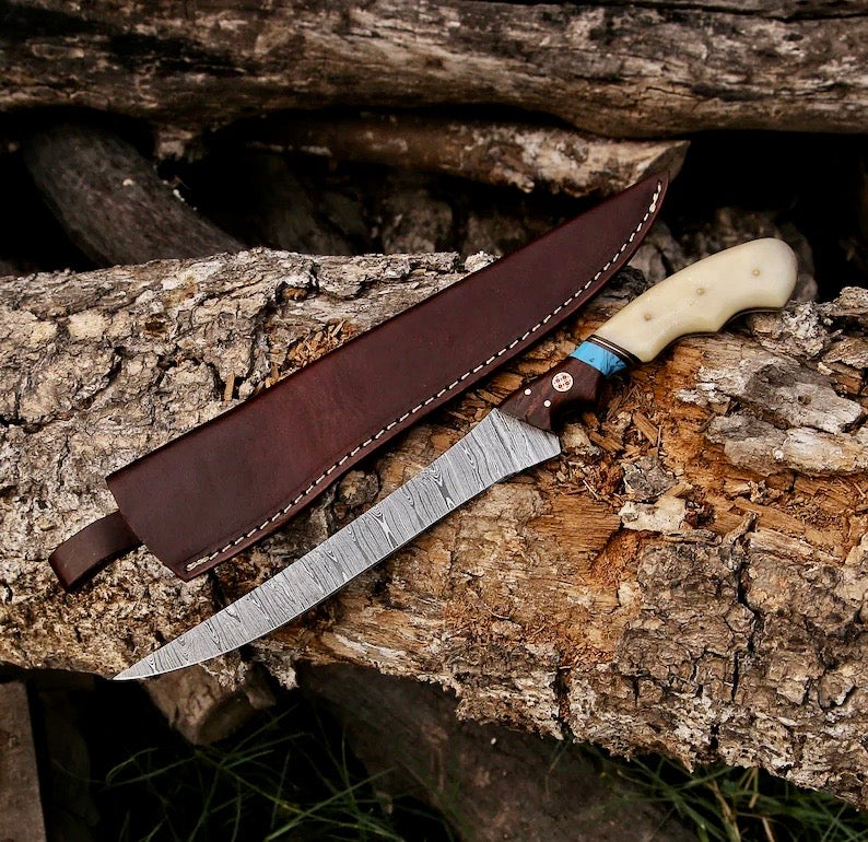 Load image into Gallery viewer, Fishing Fillet & Boning Knife – 13" Damascus Steel with Camel Bone & Rosewood Handle + Leather Sheath