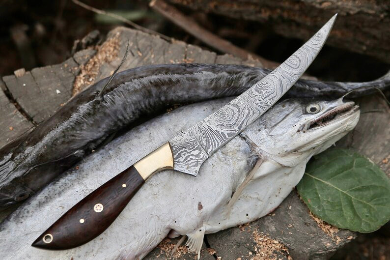 Load image into Gallery viewer, Damascus Fillet Knife – 13" Rosewood Handle & Leather Sheath