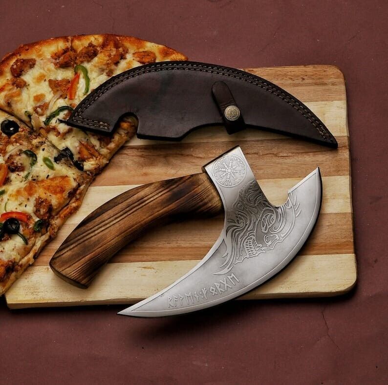 Load image into Gallery viewer, Axe Pizza Cutter – Custom Hand-Engraved J2 Steel Blade with Wooden Handle