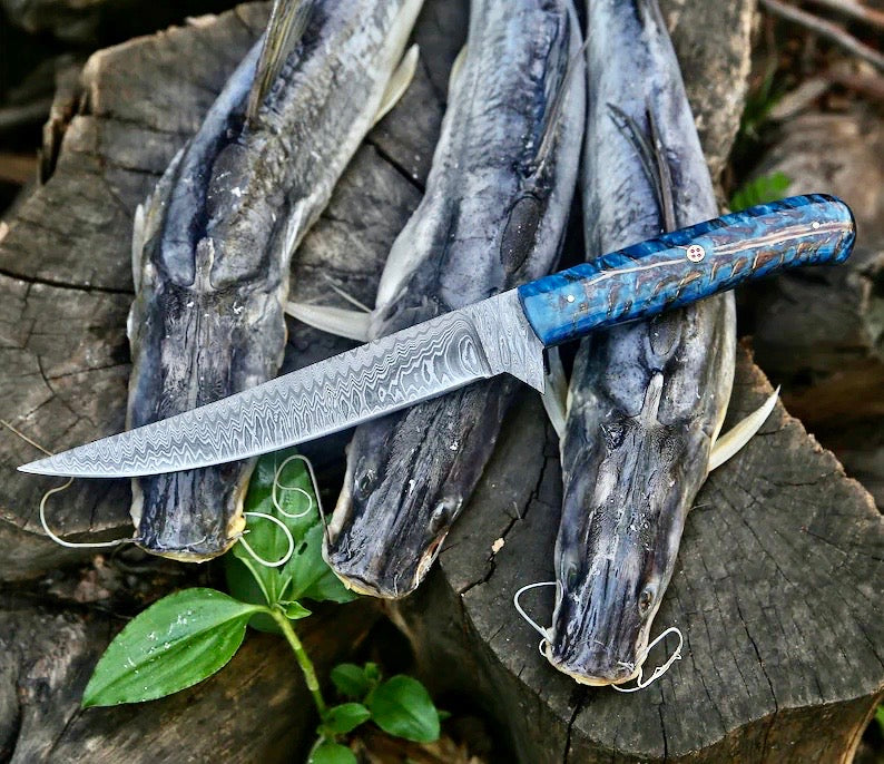 Load image into Gallery viewer, Custom Handmade Damascus Fillet Knife – 13” Pine Cone Handle with Leather Sheath
