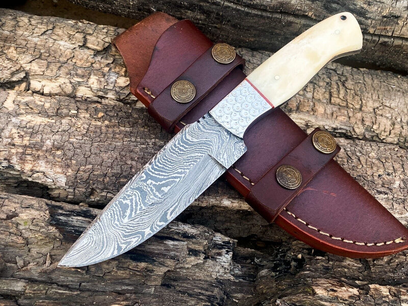 Load image into Gallery viewer, Custom Handmade Damascus Bushcraft Knife – Camel Bone Handle