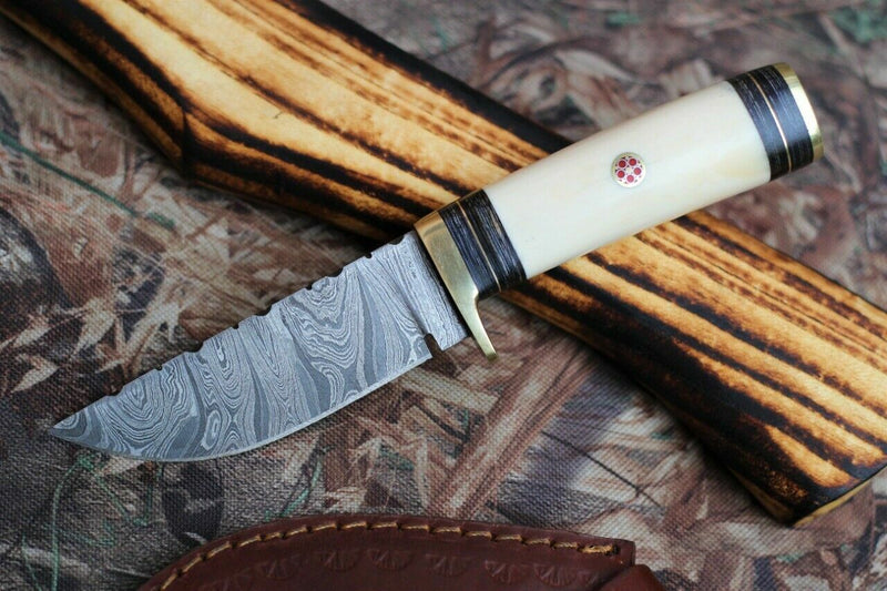 Load image into Gallery viewer, Custom Handmade Damascus Camping Knife with Camel Bone Handle