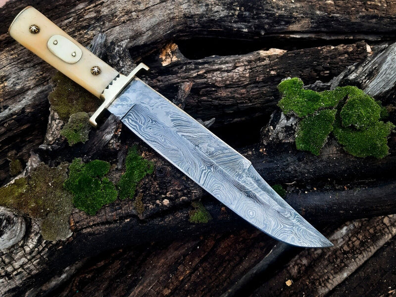 Load image into Gallery viewer, Damascus Steel Cowboy Bowie Knife – 13" with Brass Guard and Camel Bone Handle, Leather Sheath Included