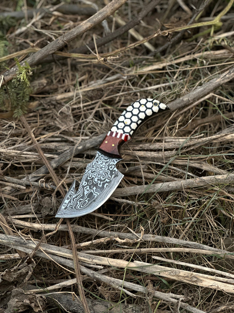 Load image into Gallery viewer, Custom Handmade Damascus Steel Guthook Skinning Knife with Rosewood & Resin Handle - 7.5” with Leather Sheath