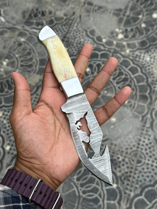 Custom Handmade Damascus Steel Knife in a Belt – Camel Bone Handle