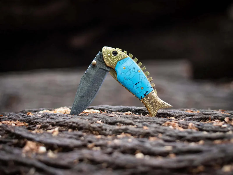 Load image into Gallery viewer, Custom Handmade Fish Style Damascus Steel Folding Knife with Epoxy Resin Handle & Brass Accents - Includes Leather Sheath
