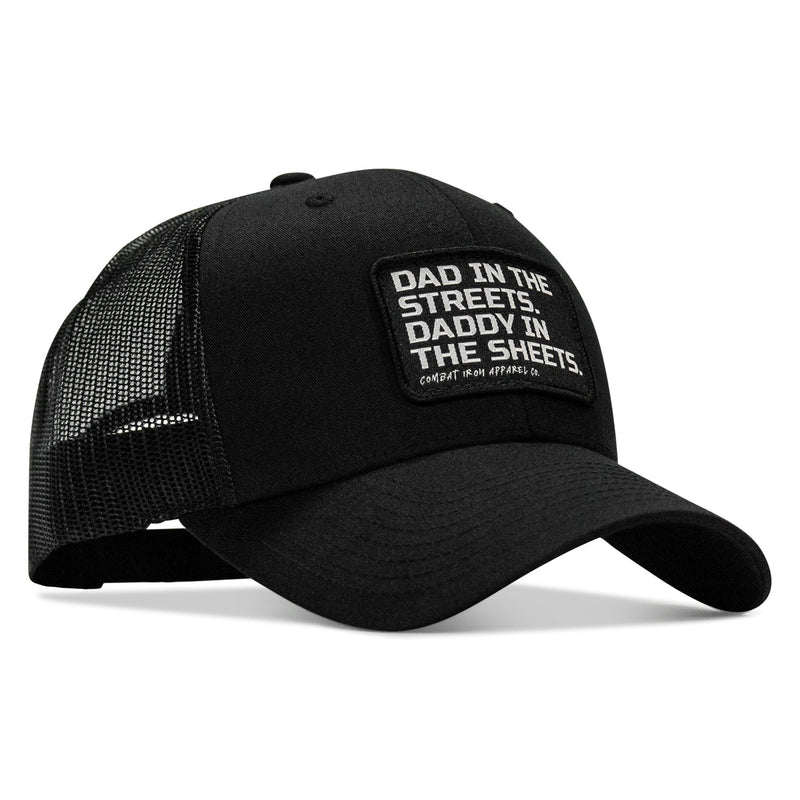 Load image into Gallery viewer, Dad In The Streets. Daddy In The Sheets. Black Patch Snapback Hat