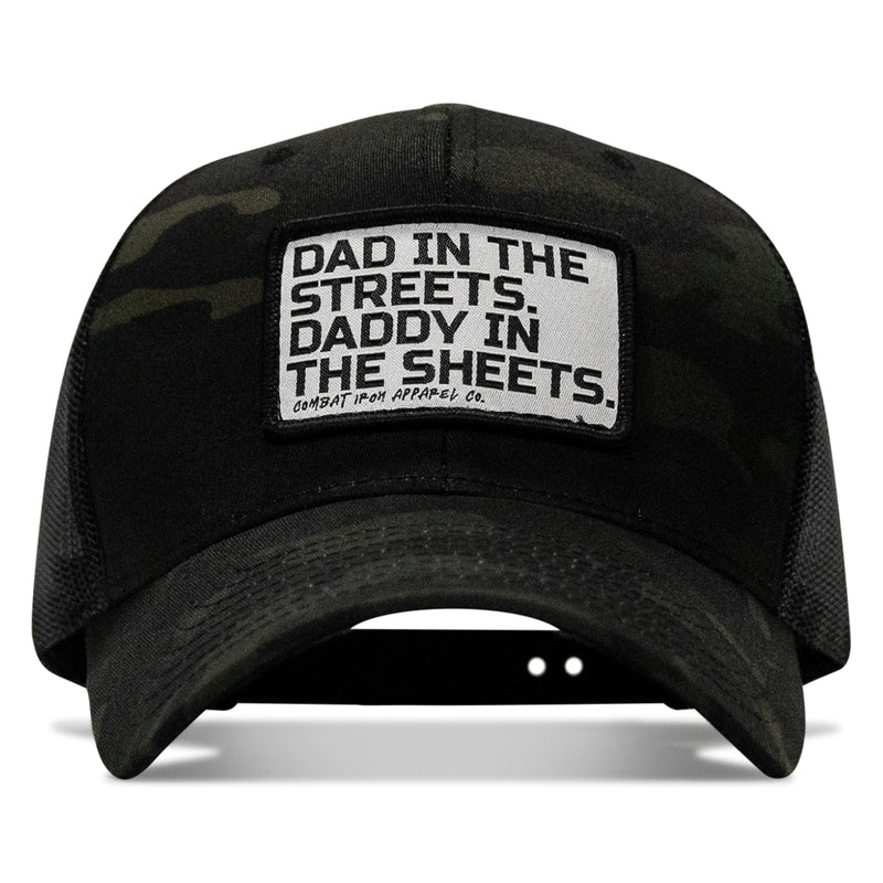 Load image into Gallery viewer, Dad In The Streets. Daddy In The Sheets. White Patch Snapback Hat